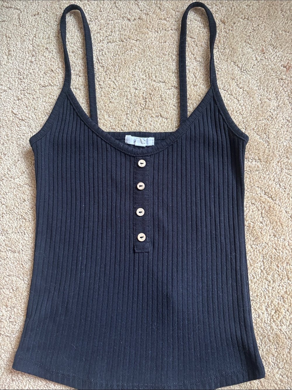 Ardene Black Ribbed Spaghetti Strap Tank with Button Placket